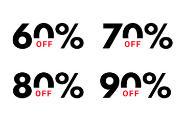 Sale discount typography. Special offer price discount in black and red colors. 60, 70, 80 and 90 percent off discount symbols with white background.