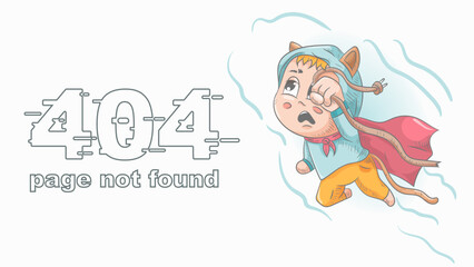 error 404 page not found funny little man Chibi in a red raincoat flying with a broken wire illustration for design design