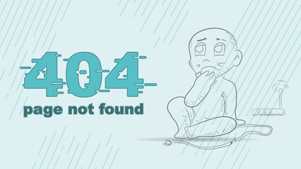 error 404 page not found funny outline of a Chibi man who sits thoughtfully next to a broken wire illustration for design design