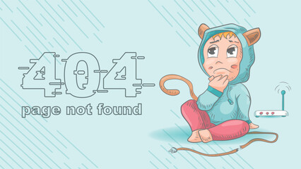 Fototapeta premium error 404 page not found funny little man Chibi sits thoughtfully next to a broken wire illustration for design design