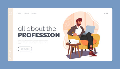 Teacher Profession Landing Page Template. Male Character In Classroom, Holding Notebook While Grading Tests