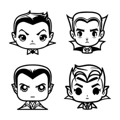 Charming and playful collection of Hand drawn line art illustrations featuring cute Dracula heads, perfect for Halloween or any occasion