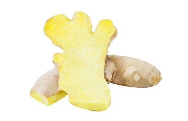 Ginger root cut in half, isolated on white background with clipping path