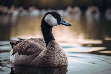 Elegant Canadian Goose swimming on a calm lake. Generative AI.