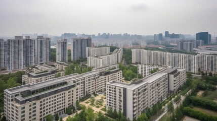 Fototapeta premium Cityscape of public urban area with residential area and modern apartment buildings, generative ai