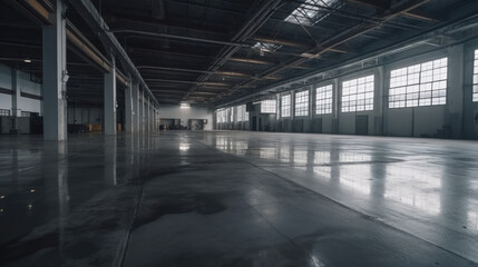 Concrete floor inside industrial building. Use as large factory, warehouse, storehouse, hangar or plant.  generative ai