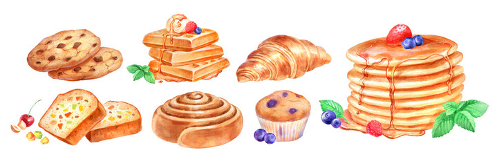Hand painted watercolor illustration collection of pastry on white background