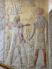 Drawings and hieroglyphs on the walls of the tomb of Merenptah in the Valley of the Kings near...