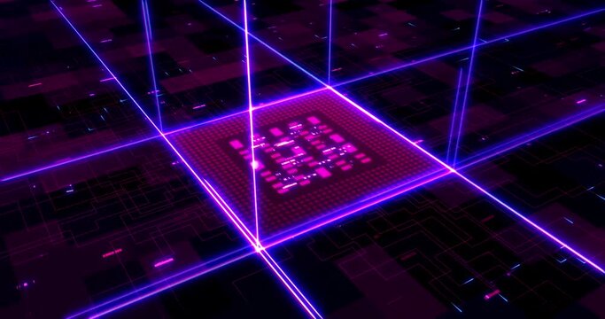 CPU Transmitting Glowing High Speed Data. AI Computer Chip. Computer And Technology Related 4K 3D CG Animation.