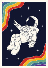 vintage style poster with astronaut and rainbow in the background. vector illustration © Rezaalfarid204