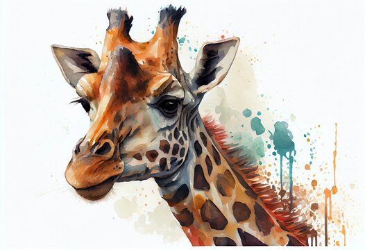 Watercolor drawing of a giraffe with an isolated background.