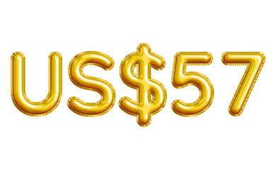 US$57 or Fifty-seven Dollar 3D Gold Balloon. You can use this asset for your content like as USD Currency, Flyer Marketing, Banner, Promotion, Advertising, Discount Card, Pamphlet and anymore.