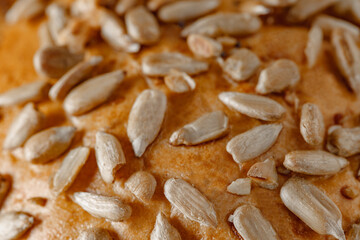 Sunflower seeds on baked bread crust close-up, selective focus