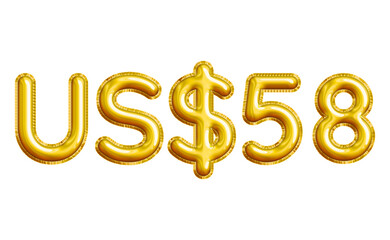 US$58 or Fifty-eight Dollar 3D Gold Balloon. You can use this asset for your content like as USD Currency, Flyer Marketing, Banner, Promotion, Advertising, Discount Card, Pamphlet and anymore.