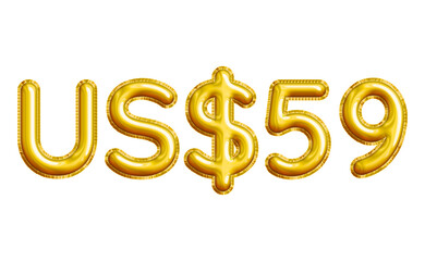 US$59 or Fifty-nine Dollar 3D Gold Balloon. You can use this asset for your content like as USD Currency, Flyer Marketing, Banner, Promotion, Advertising, Discount Card, Pamphlet and anymore.