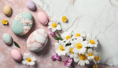Fototapeta na wymiar Marble texture easter flatlay with eggs and flowers generative ai
