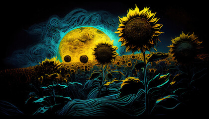 Fototapeta na wymiar sunflower field in the night