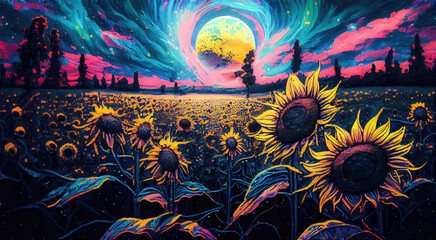 psychedelic sunset over sunflower field - by generative ai