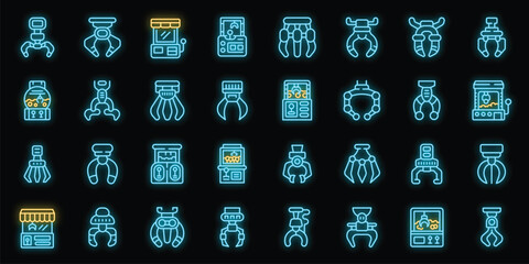 Grabber icons set outline vector. Claw crane. Game reacher neon color on black