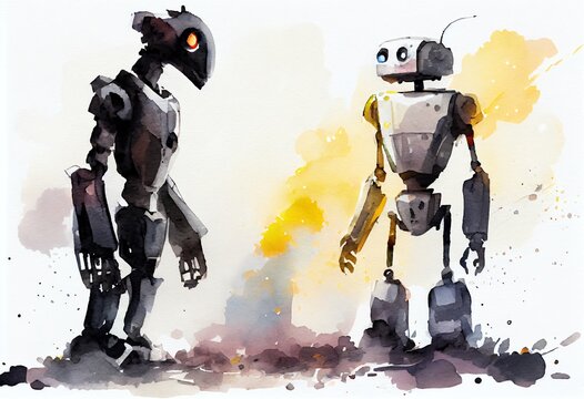 Watercolor Illustration of a Black And White Robots Look At Each Other With Shining Eyes. The Concept Of Confrontation, Rivalry, Competition. Generative AI