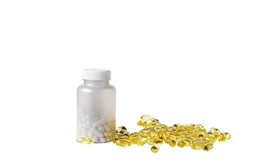 A jar of vitamins and scattered gelatin capsules around. Isolate on white. PNG
