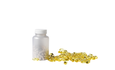 A jar of vitamins and scattered gelatin capsules around. Isolate on white. PNG