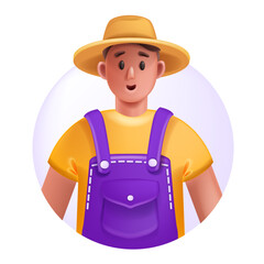 3D farmer avatar icon, vector young gardener, cartoon male character, smiling face, sun hat overalls. Summer working confident man, professional successful person portrait. 3D farmer illustration