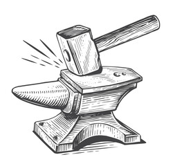 Hammer strikes the anvil. Blacksmith craft, forge, metal workshop concept. Vintage sketch vector illustration