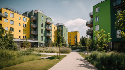 Modern apartment buildings in a green residential area in the city, generative ai