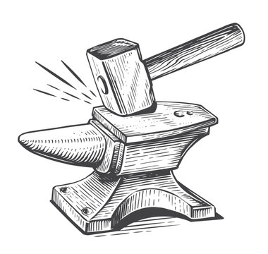 recommend clip art: Hammer strikes the anvil. Blacksmith craft, forge, metal workshop concept. Vintage sketch vector illustration