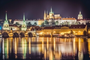 Naklejka na ściany i meble Magical Prague Skyline at Night: Illuminated Castle, Charles Bridge, and Old Town, AI-Generated