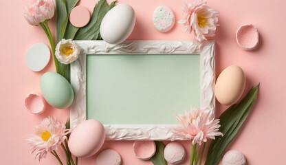 Naklejka na ściany i meble Blank pastel easter frame with eggs and flowers ready for graphics or text overlays generative ai