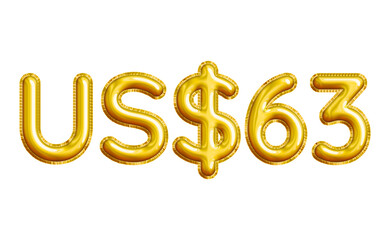 US$63 or Sixty-three Dollar 3D Gold Balloon. You can use this asset for your content like as USD Currency, Flyer Marketing, Banner, Promotion, Advertising, Discount Card, Pamphlet and anymore.