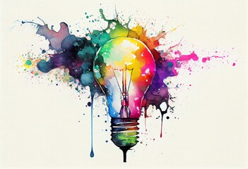 Watercolor Illustration of a Image Of Lightbulb With Colourful Stains On White Background. Generative AI