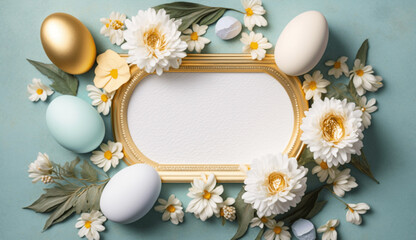 Blank gold frame with easter eggs on pastel text and graphic overlay ready generative ai
