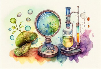 Watercolor Illustration of a Microbiology Science Research, Concept Art. Generative AI