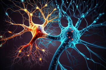 Nerve cell biology background, neuron of brain with synapses stroke disease, red and blue light. Generation AI