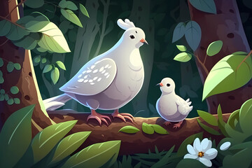 Victor illustration of a dove mom teaching her Daughter in a green forest, generative ai.
