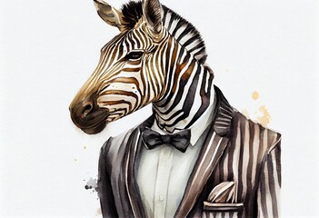 Watercolor Illustration of a Portrait Of A Zebra Dressed In A Formal Business Suit On White Background, White. Generative AI