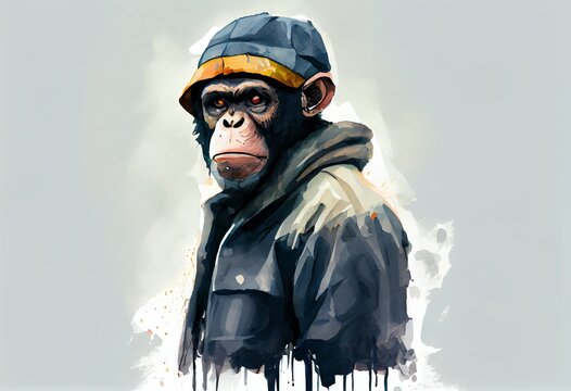 Watercolor Illustration of a Portrait Of Scary Chimpanzee With Hat And Pullover, Horror Movie Style. Generative AI