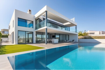 Fototapeta na wymiar Luxury property with pool and terrace in contemporary style. Generative AI