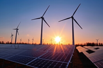 Solar power plant with wind turbines at sunset under a blue sky. Generative AI