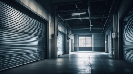Roller door or roller shutter inside factory, warehouse or industrial building. generative ai