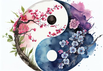 Watercolor Illustration of a Yin Yang Zeichen In Blau Rosa Mit Blumen. Generative AI - obrazy, fototapety, plakaty