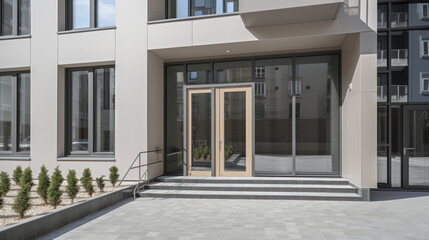 View to entrance door of a modern residential building with new apartments in the city, generative ai