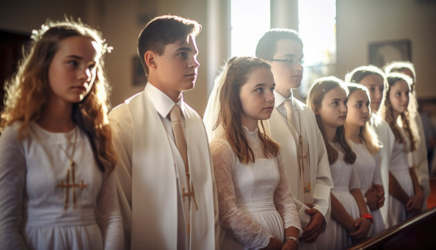 Holy church confirmation ceremony with young stylish teenagers in a church