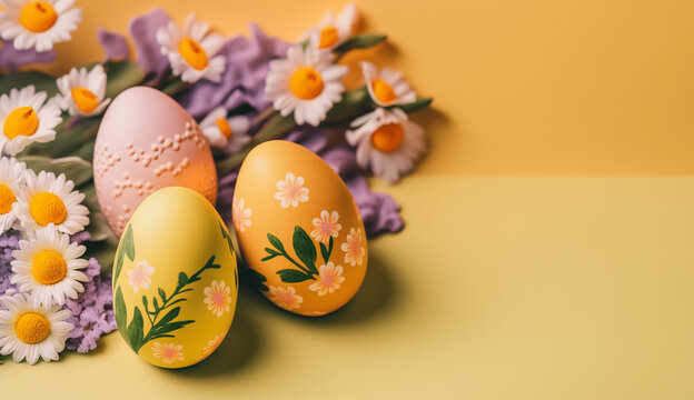 Two tone pastel easter eggs and flowers with room for text generative ai