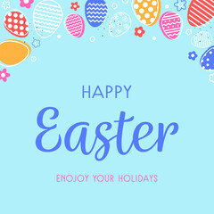 Pastel coloured Easter greeting card with eggs and flowers. Cartoon style design. Vector illustration