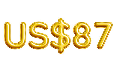 US$87 or Eighty-seven Dollar 3D Gold Balloon. You can use this asset for your content like as USD Currency, Flyer Marketing, Banner, Promotion, Advertising, Discount Card, Pamphlet and anymore.