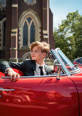 Holy church confirmation ceremony with young stylish teenager dressed for the big day, arriving in a fancy car